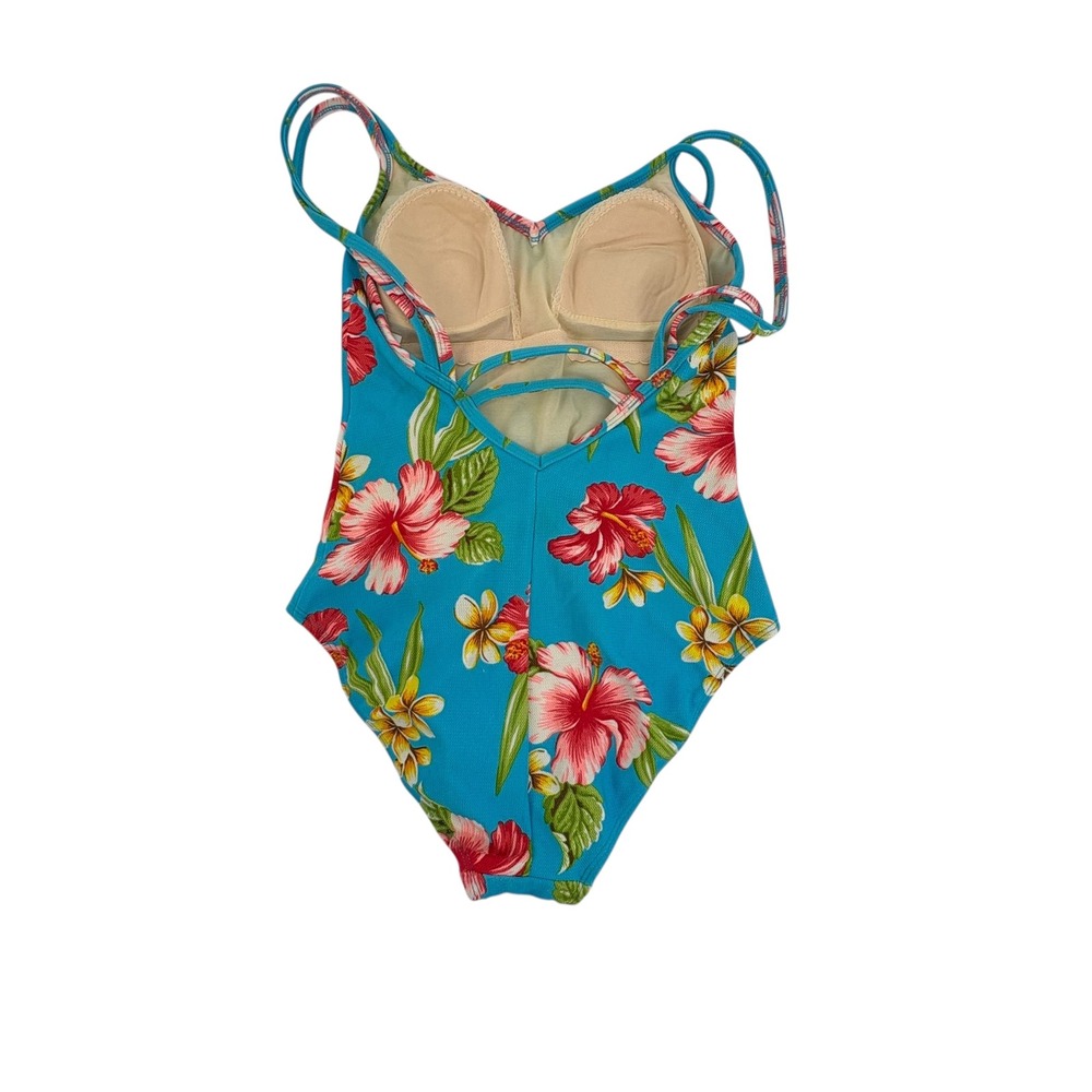 Liz Claiborne One Piece Swimsuit Teal Tropical Floral Hibiscus Plumeria Women's‎ - Picture 2 of 5